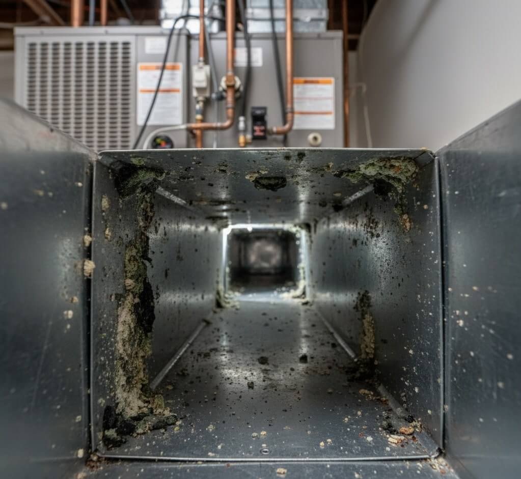 HVAC system with visible mold growth in the ducts