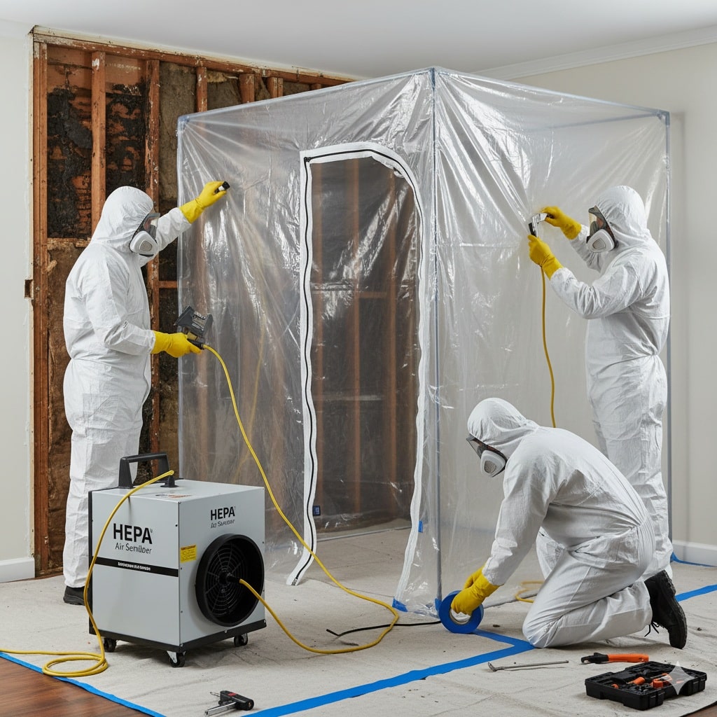 Professional remediation team setting up containment barriers and air filtration equipment-min